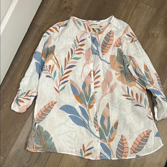 Cynthia Rowley 100% Linen Leaf Beach Swim Cover Up Button Down Top Size 1X - Picture 1 of 9